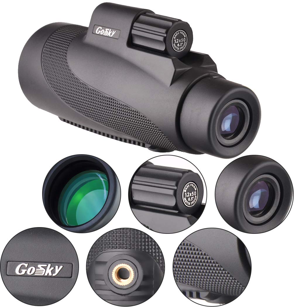 Gosky 12X50 High Power Prism Monocular Smartphone Holder and Handheld Tripod Kit- Waterproof/Fog-Proof/Shockproof Grip Scope -for Hiking,Hunting,Climbing,Birdwatching Watching Wildlife and Scenery