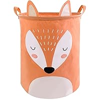 Large Round Storage Basket, Cute Collapsible Laundry Basket Organizers and Storage Bins Foldable Dirty Clothes Basket Waterproof Nursery Hamper Canvas Toy Box Decorative Gift Baskets (Fox)