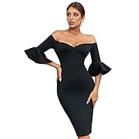 Dresses for Women - Off Shoulder Flare Sleeve Bodycon Dress