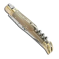 Laguiole pocket knife with Blonde Horn handle and brass bolsters, corkscrew - Direct from France