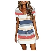 COTECRAM Women Summer Casual Striped Dress Short Sleeve V Sleeve Flowy Boho Dress with Pockets Beach Sun Dress Cover Ups