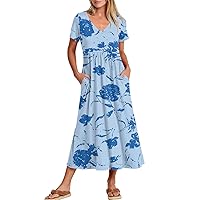 Women's Spring Dresses 2024 Casual Dresses with Pockets, Flowing Maxi Skirt, V Neck Short Maxi Dress, S-2XL