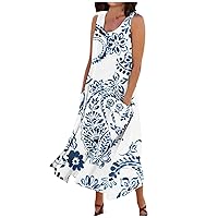 Womens Summer Casual Maxi Dress Sleeveless Knot Straps Flowy Tiered Beach Fashion Long Dress with Pockets 2023