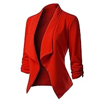 Womens Casual Work Office Draped Open Front Blazer Jacket Plus Size Loose Solid Color Ruched 3/4 Sleeve Blazers Suit