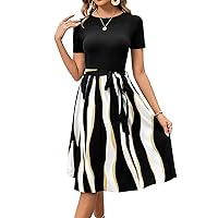 Women's Elegant Vintage Round Neck Short Sleeve Summer Casual Work Party A-Line Dress with Belt 809