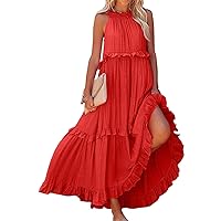 Long Wedding Tanks Dress Women Boho Fathers Day Solid Color Ruffled Evening Dresses Womens Breathable Crewneck Red M