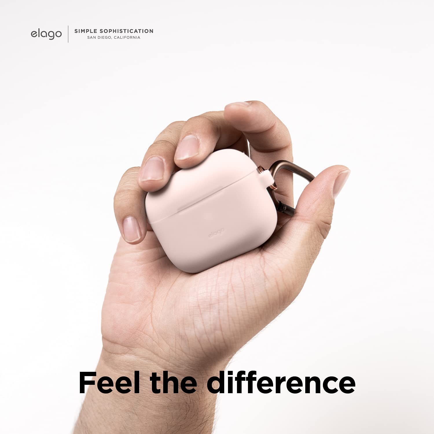 elago Silicone Case Cover - Compatible with AirPods 3rd Generation, Carabiner Included, Supports Wireless Charging, Shock Resistant, Full Protection (Sand Pink)