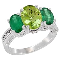 14K White Gold Diamond Natural Peridot Ring 3-Stone Oval 8x6mm with Emerald, sizes5-10