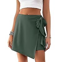 Kate Kasin Womens 2024 Trendy Wrap Mini Skirts Elastic Hight Waist Ruffle Tie Knot Side Solid Skorts for Casual and Holiday