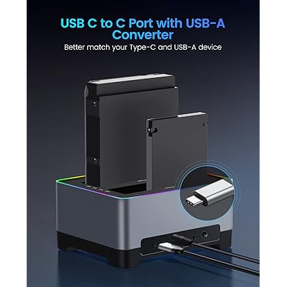 ORICO 2.5 3.5 inch HDD SSD Hard Drive Docking Station USB 3.2 Gen 2 to SATA Aluminum Alloy RGB Offline Clone Dock Duplicator up to 18TB with UASP [Support USB-C and USB-A] (5828C3-C)
