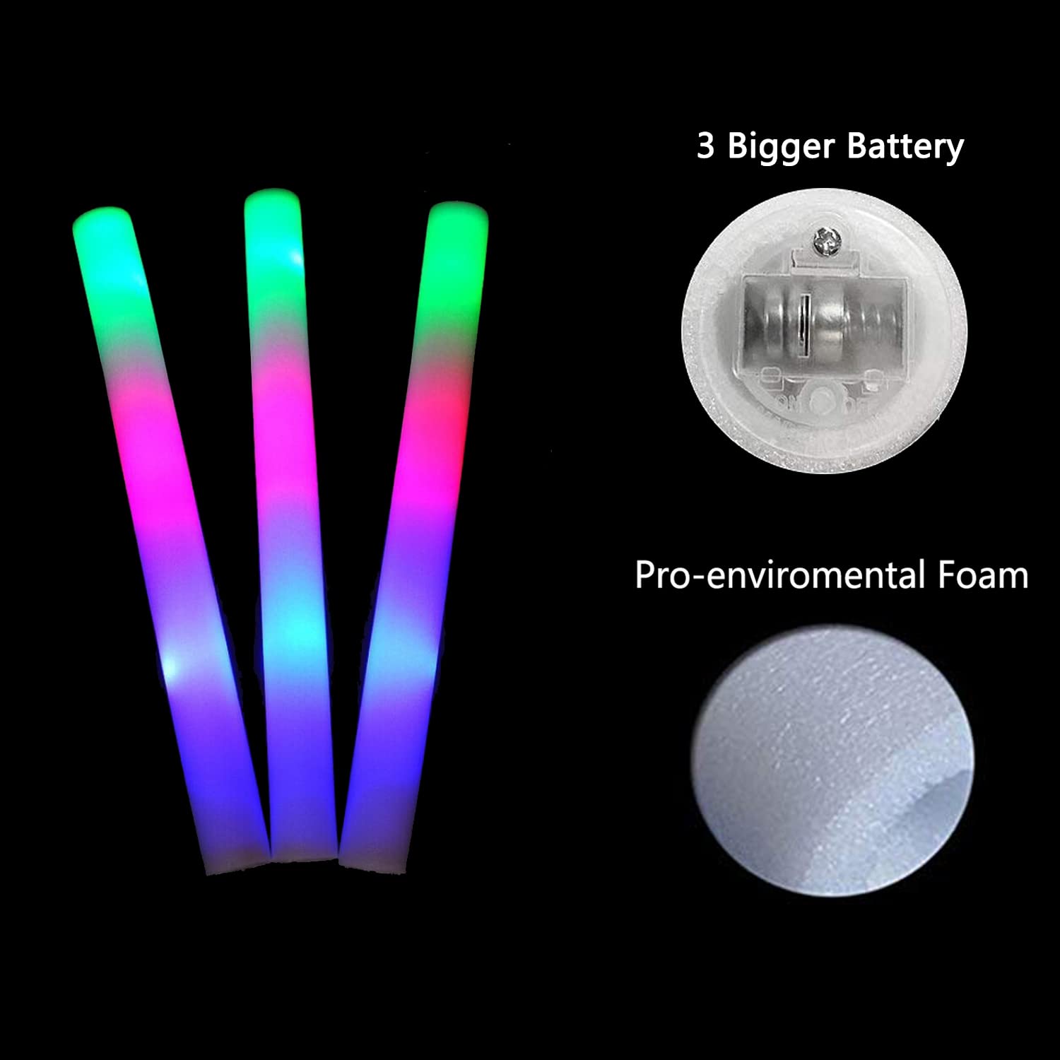 Foam Glow Sticks-52PCS LED Light Up Foam Sticks with 3 Modes Flashing,Glow in The Dark Party Supplies for Halloween Birthday Wedding Pool Concert and Event,A Hit As Party Favors for Kids Adults