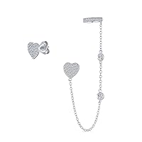 Bling Jewelry Geometric Square Pyramid Pave CZ Tree Heart Cartilage Ear Helix Cuff Wrap Earlobe Chain & Earring Stud Set .925 Sterling Silver