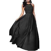 Halter Applique Beaded Prom Dresses Long Evening Gowns for Women with Pockets