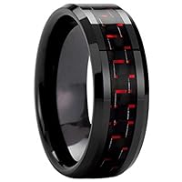 Black Red Carbon Fiber Tungsten Carbide Ring Men Women Wedding Engagement Band - 8MM