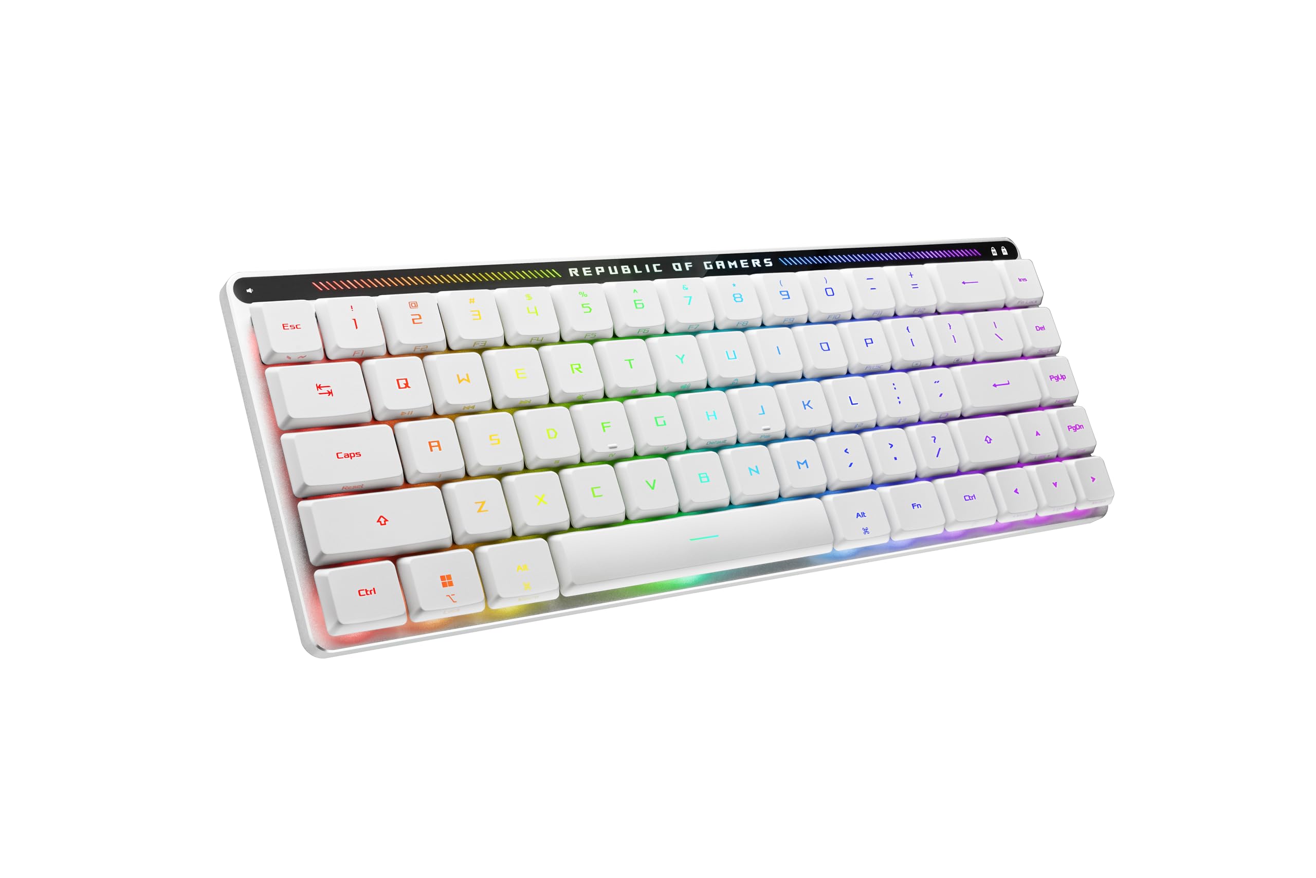 ROG Falchion RX Low Profile 65% wireless gaming keyboard with ROG RX low-profile optical switches, tri-mode connection with ROG SpeedNova, silicone dampening foam, touch panel, and MacOS support.