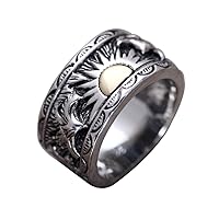 Vintage Black 925 Sterling Silver Eagle Ring Band with Golden Sun Punk Jewelry for Men Women Size 8-12