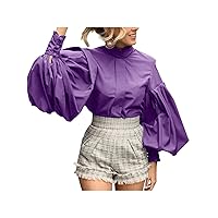 Celmia Women's Elegant Vintage Stand Neck Lantern Sleeve Buttons Pleated Work Party Blouse Tops Shirt