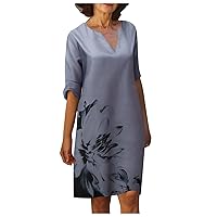 Women's Casual Dress Creative Printing V Neck Knee Length Midi T-Shirt Dress (5-Gray,14) 2292
