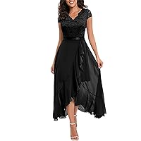 Cocktail Dresses for Women A-line Lace See-Through V-Neck Pleated Wedding Party Cocktail Dress