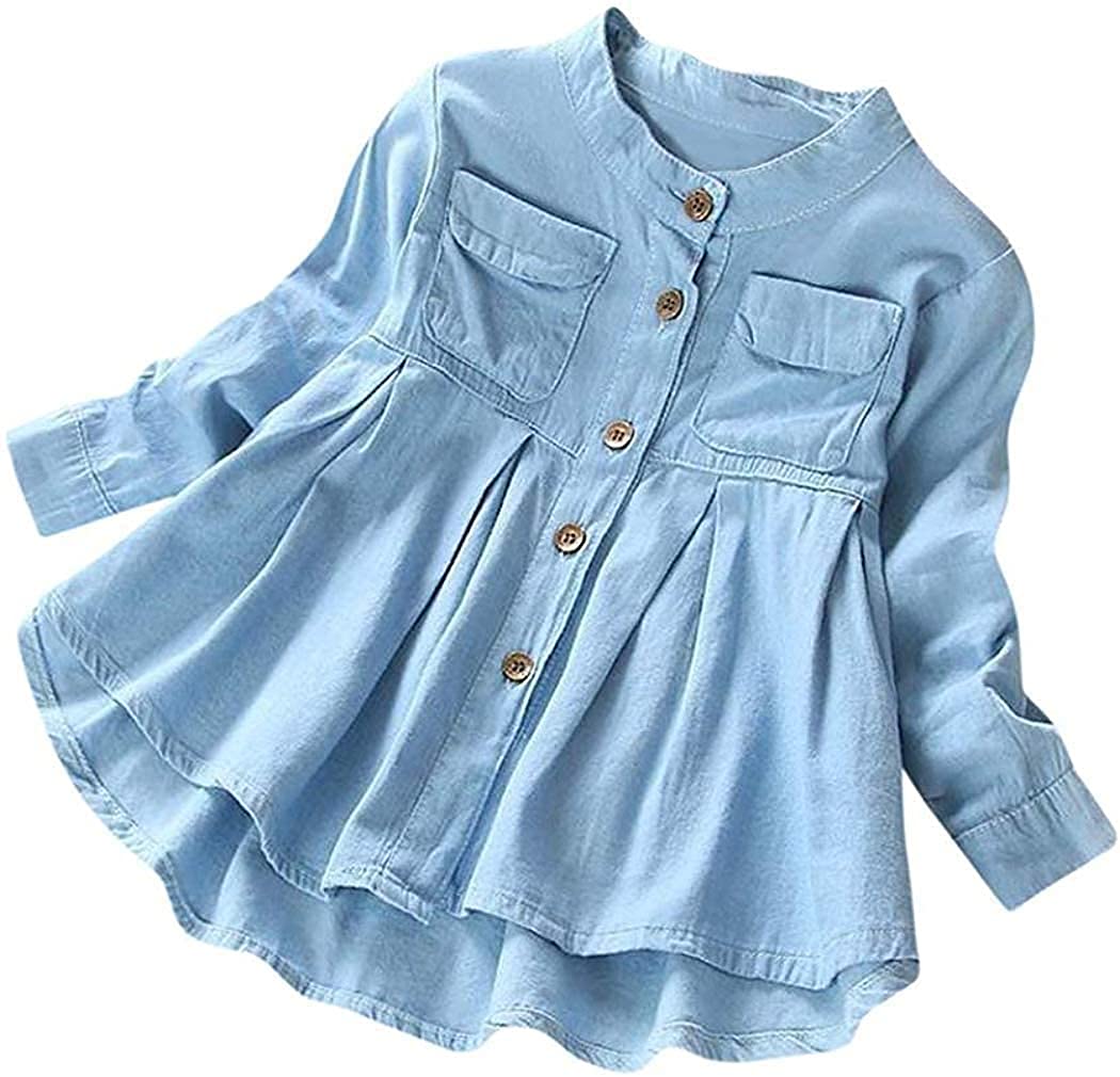 Toddler Girls Button Ruched Long Sleeve Pocket Shirt Tops Clothing Kids Autumn Winter Fashion Blouse
