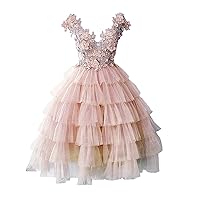 Sleeveless Tulle Prom Dress A-Line Short Homecoming Dress Lace Applique Layered Ruffles Party Cocktail Dress