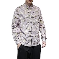 Chinese Wind Crane Bronzing Print Plus Size Shirt Men's Vintage Button Jacket Plus Size Fancy Disc Button Top