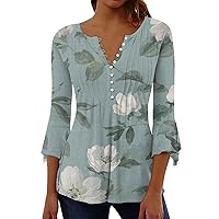 3/4 Sleeve Tops for Women Summer Casual V Neck Button Down Shirts Elegant Floral Printed Slim Fit Tunic Blouse