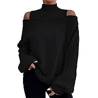 Womens Fashion Fall Winter Knit Sweater Thick Thread Pullover Turtleneck Off Shoulder Sweater Giant Sweater Cardigan