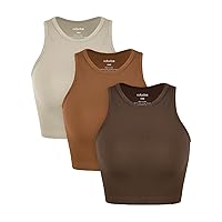 ODODOS 3-Pack Seamless Crop Tank for Women Ribbed Soft High Neck Cropped Tops, Brunette+Clay+Mushroom, X-Large/XX-Large