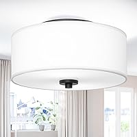2-Light Flush Mount Ceiling Light Fixture, 12” Modern Close to Ceiling Light with White Fabric Linen Drum Shade, Round Ceiling Light for Bedroom Hallway Living Room Bathroom Dining Kitchen