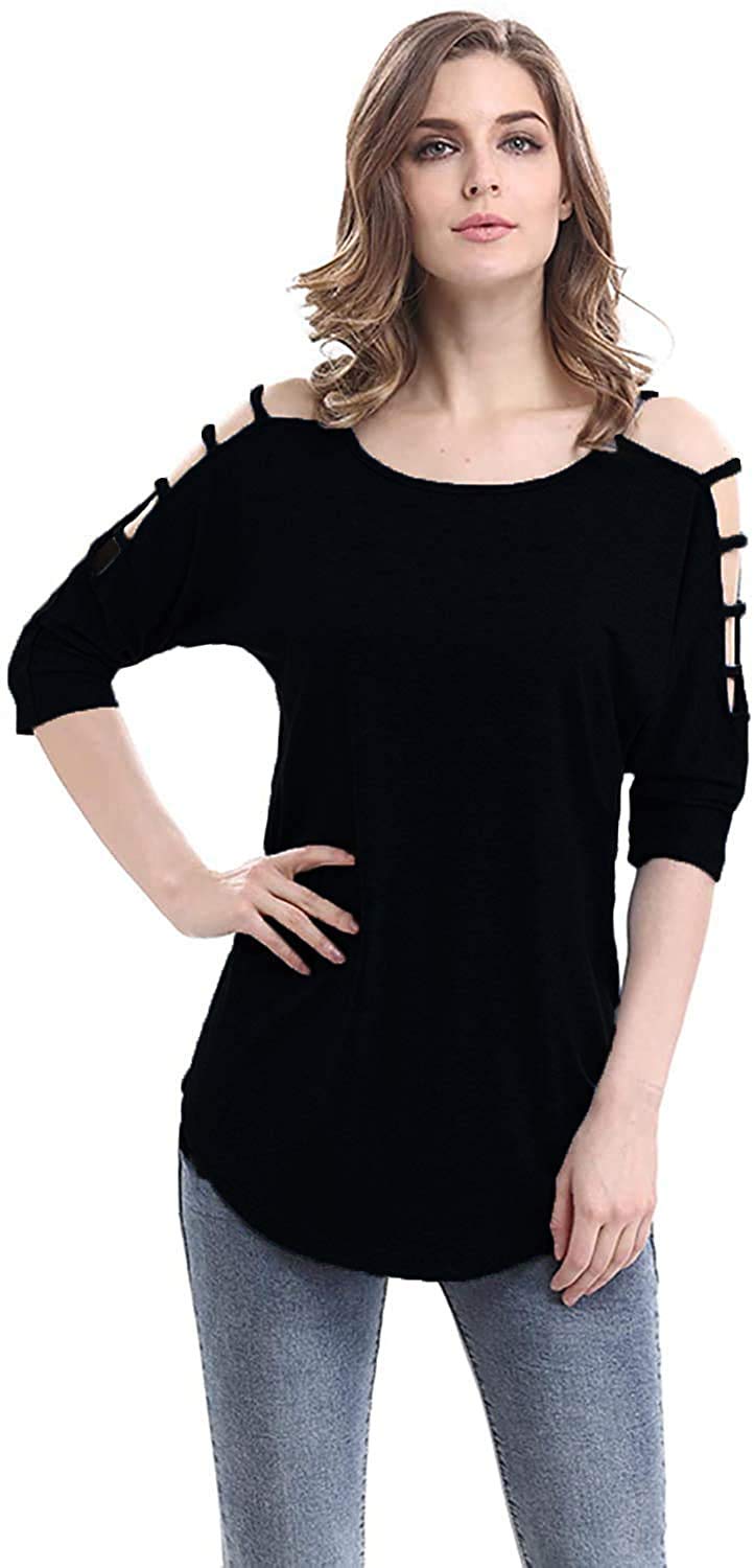 MOONCOLOUR Women's Casual Loose Hollowed Out Shoulder 3/4 Sleeve Shirts Tops