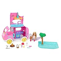 Barbie Toy Camper & Chelsea Doll, 2-in-1 Playset with 2 Pets & 15 Accessories, Vehicle Transforms into Camp Site (Amazon Exclusive)