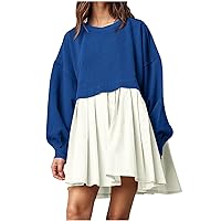 Womens Lounge Sweatshirt Patchwork Pleated Mini Dress Oversized Long Sleeve Crewneck Pullover Sweatshirts Dresses