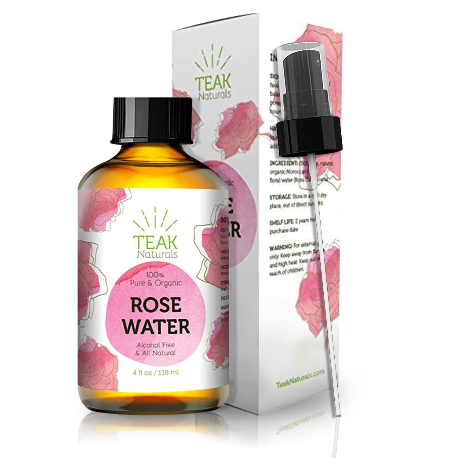 ROSE WATER TONER by Teak Naturals, 100% Organic Natural Moroccan Rosewater (Chemical Free) 4 oz