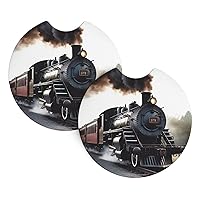 Steam Train Print Car Cup Holder Coaster 2 Pcs Car Coasters with A Finger Notch Absorbent Rubber Car Coffee Cup Pad Universal Auto Anti Slip Car Cup Mat 2.7