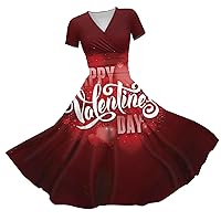 Spring Dresses for Women 2024 Party Dress Print Waist Pull Pleated Short Sleeve Midi Hepburn Valentines Dresses Teens