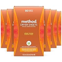 Method Dryer Sheets, Ginger Mango, Fabric Softener and Static Reducer, Compostable and Plant-Based Laundry Essentials, 80 Count (Pack of 6)