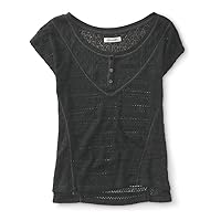 AEROPOSTALE Womens Sheer Mixed Knit Henley Sweater, Grey, Medium