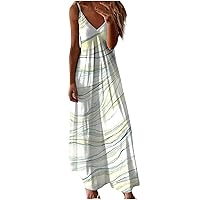 2024 Spaghetti Strap V Neck Vacation Dress Women Summer Vintage Marble Print Maxi Dress Flowy Beach Sundress