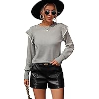 Women's Ruffle Pullover Sweater Long Sleeve Solid Color Round Neck Knit Tops