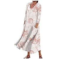 Maxi Dress for Women Floral Print 3/4 Length Sleeve Bohemian Casual Dresses Loose Vintage Round Neck Pockets Dress