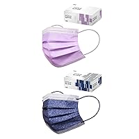 CSD Colo 30 Pcs Purple + 30 Pcs Jean Blue Disposable Face Masks Bundle - 3 Ply Breathable Mask with Elastic Ear Loop for Adults