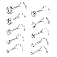 Tornito 20G 10Pcs Stainless Steel L Screw Bone Shaped Nose Studs Rings Square Round CZ Nose Ring Labret Nose Piercing Jewelry for Men Women Silver Tone 1.5mm-2mm-2.5mm-3mm-3.5mm CZ