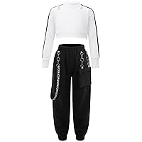 Girls 3Pcs Dance Outfit Fishnet Pullover Crop Top Chain Cargo Pants Set Hip Hop Jazz Dancewear 90s E-Girl Streetwear