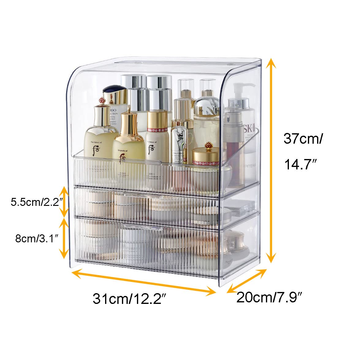 MOOCHI Clear Large Cosmetic Makeup Organizer With High Drawer Water Proof PET Cosmetics Storage Display Case For Tall Perfume Bottle