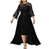 Women's Winter Dresses 2024 Large Dress Lace Splice Slim Fit Round Neck Long Sleeve Dress, L-6XL