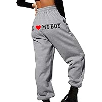 I Love My Boy Letter Back Sweatpant Women Funny Love Heart Jogger Pants Valentine's Day Elastic High Waist Trousers