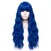 Blue Wig for Women Long Curly Wavy Omber Dark Navy Gradient Blue Hair Wig with Bangs Natural Cute Colorful Wig for Party Mermaid Cosplay Halloween + Cap