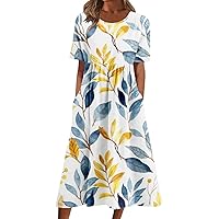 T-Shirt Dress for Women V Neck Short Sleeve Basic Pleated T Shirt Dresses Floral Printed A-Line Casual Dress with Pockets