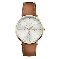 Lacoste Men's Moon Ultra Slim Quartz Yellow Gold IP and Leather Strap Strap Watch, Brown, 2010977